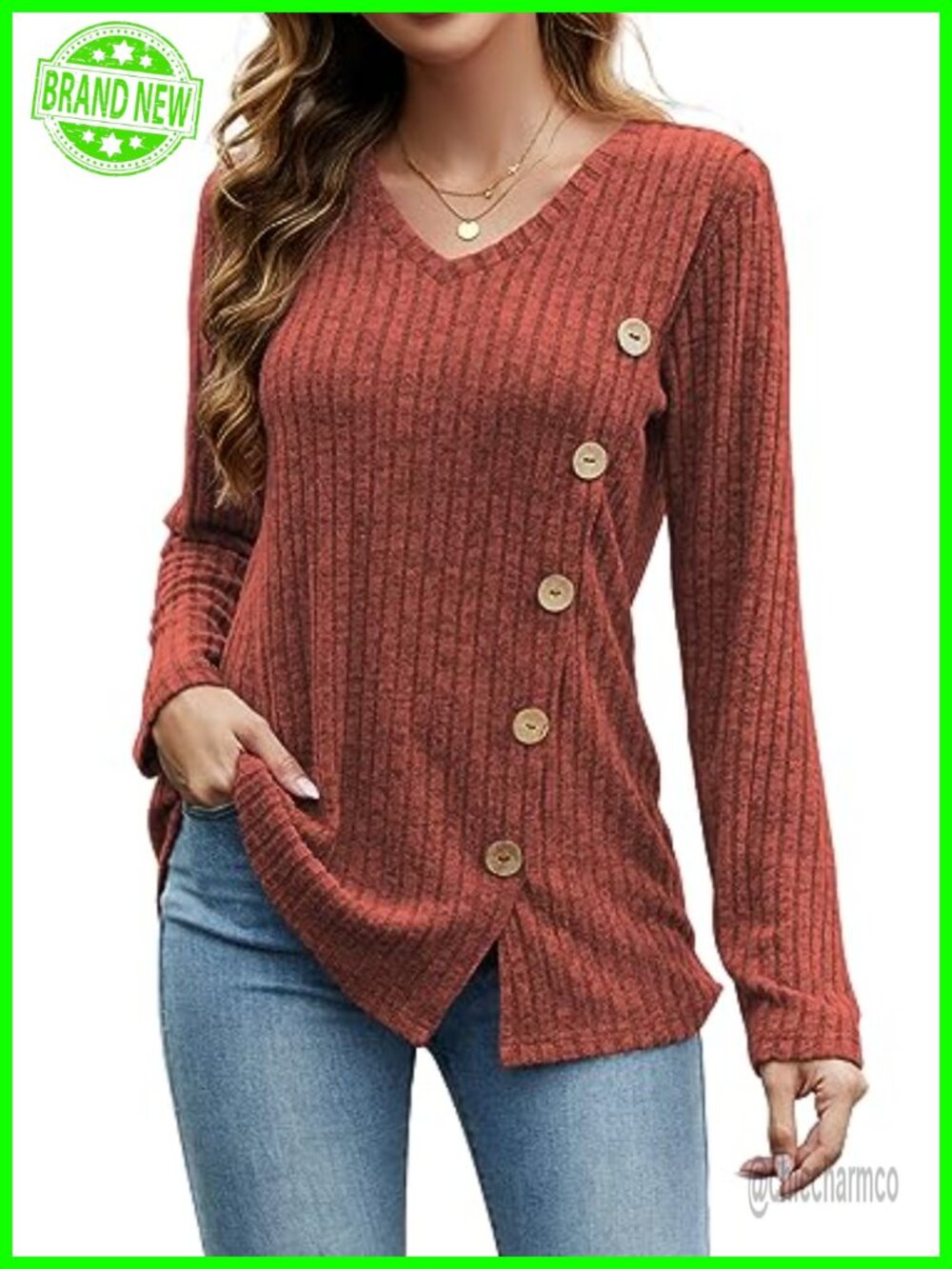 Womens Long Sleeve V-Neck Button Side Tunic Top Loose Fit Lightweight